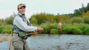 woman standing in river holding fly rod. Large bull elk bent over drinking from the river.